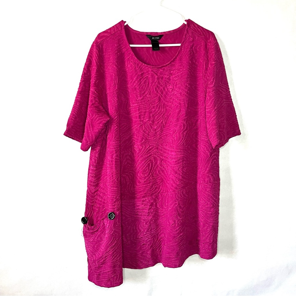 Ali Miles Top Shirt Blouse Size 2X Stretch Pink Textured Pocket Asymmetric Artsy